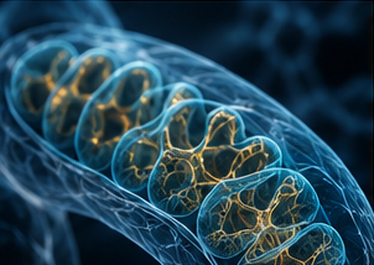 Illustration of a mitochondrion with cristae, representing mitochondrial-derived peptide research